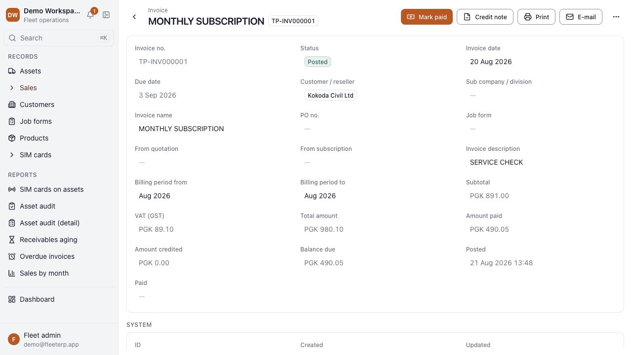 A posted invoice in FleetERP for a month's subscription: the billing period, GST, the amount paid and the balance due, with Print, E-mail, Credit note and Mark paid on the record.