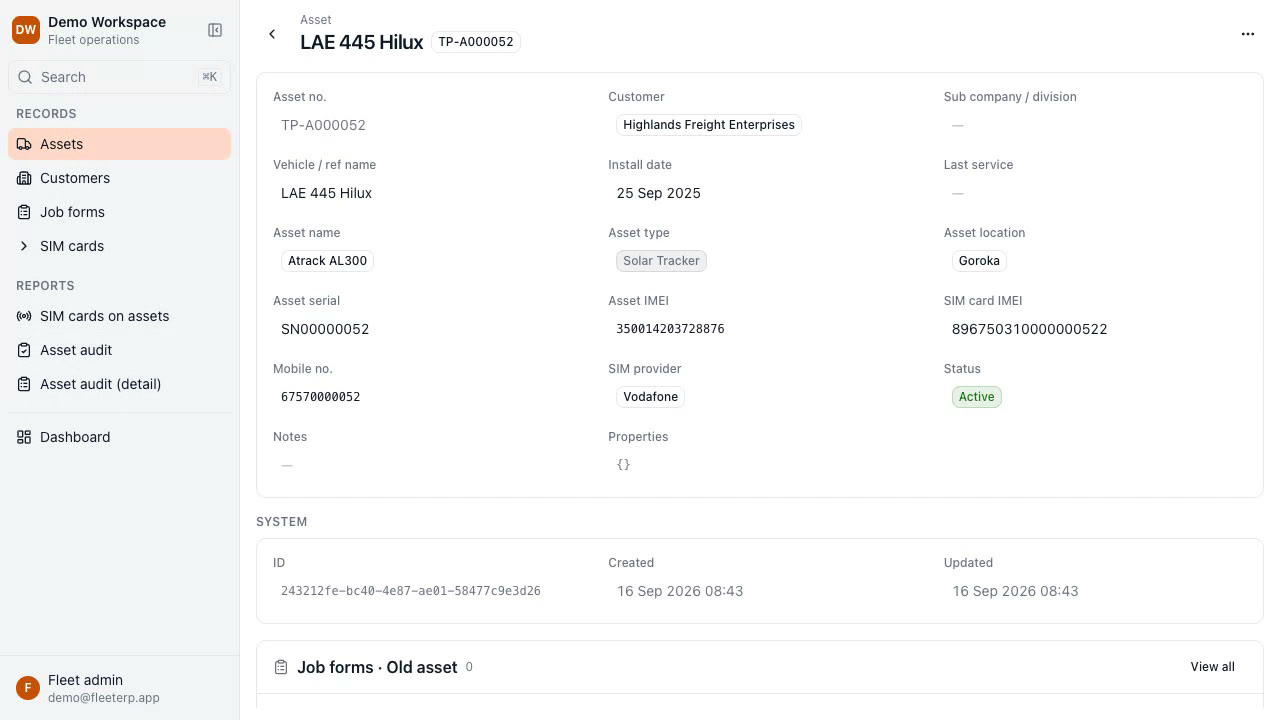 An asset record in FleetERP: the vehicle, the customer, the serial and IMEI, install date and status.
