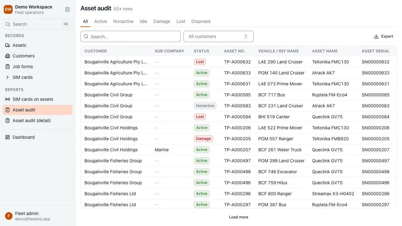 The asset audit report in FleetERP, scoped by customer and ready to export to Excel or CSV.