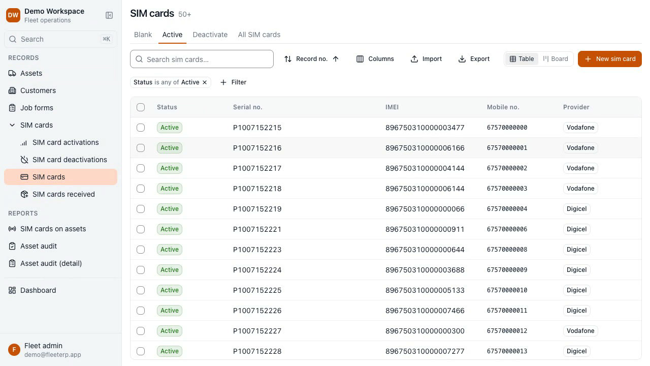 The SIM card register in FleetERP, listing serial numbers, IMSI, mobile numbers and providers.